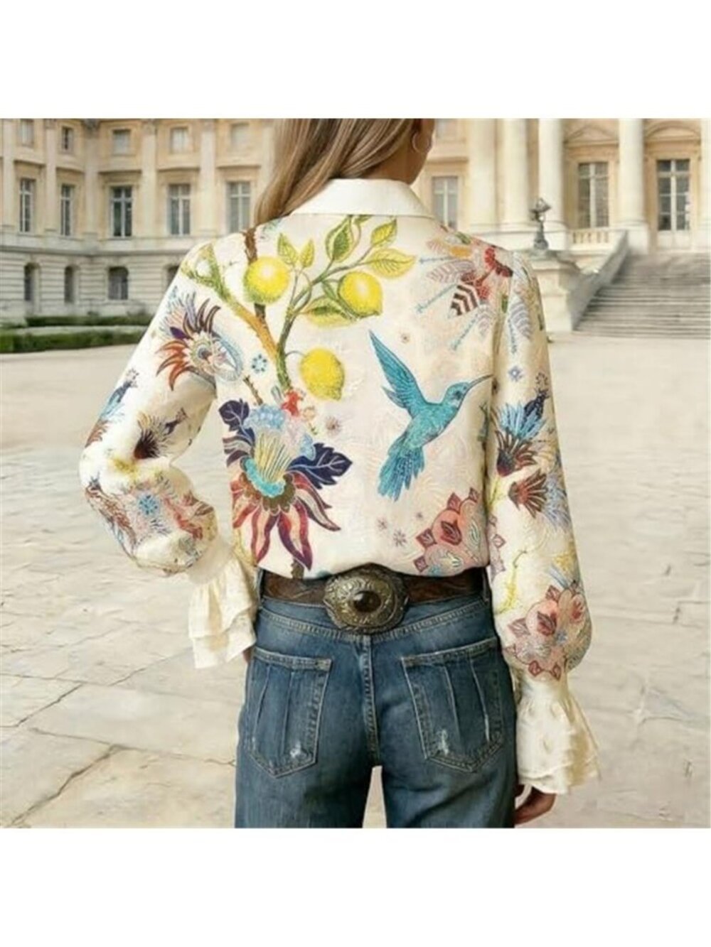 Women's Boho Paisley Long Sleeve Ruffled Cuff Button Down Blouse - Picture 3 of 5